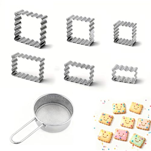ARYIMYDP Set 6 Formine Biscotti Geometriche + Setaccio, Acciaio Inox Per Natale e Carnevale, Bordi Arrotolati Sicuri, Lavabile In Lavastoviglie