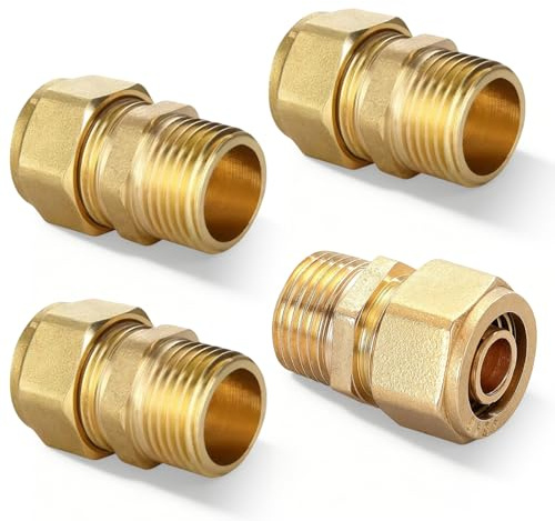 4 Stück Schraubfitting Übergang, 16 mm × 1/2 Anschlussverschraubung | Klemmringverschraubung Messing Verschraubung Klemmverbinder Adapterrohr für stabile Rohrverbindungen und Aluverbundrohr