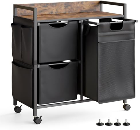 Mondeer Wäschekorb 3 Fächer, 100 L Wäschesammler mit Ablage, Wäschewagen mit Seitliche Taschen und herausnehmbare Wäschesäcke Für Waschküche Schlafzimmer Badezimmer, Vintagebraun-Schwarz
