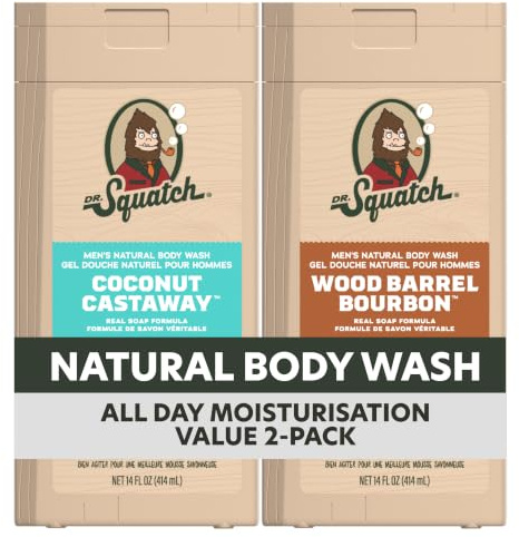 Dr. Squatch Natürliches Duschgel für Männer – reinigend, pflegend, mit langanhaltendem Duft – feuchtigkeitsspendendes Duschgel für Herren – Coconut Castaway & Wood Barrel Bourbon (414 ml, 2er-Pack)