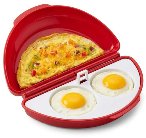 Cocedor de Huevos para Microondas 2-en-1, Escalfador de Huevos Microondas con Molde para Huevos Poche, Accesorio Multifunción para Tortillas, Huevos Revueltos y Huevos Cocidos, Desayuno Rápido (Rojo)