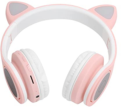 RASTKY Fashionable LED Cat Ear Headset with Microphone, 10H Music Time, Wireless Headphone for Kids and Adults (Pink)