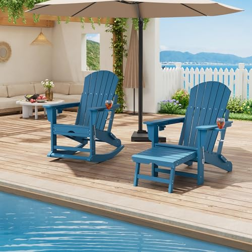 Garvee Adirondack Schaukelstuhl Für Garten & Terrasse–Klappbar, Mit Ausziehbarer Fußstütze, 2 Getränkehalter, Wetterfestes HDPE – Inkl. Ottoman – 2er Set