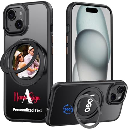 Personalisierte Hülle für Apple iPhone 15, Logo/Foto mit Initiale Name Monogramm, magnetisch, um 360° drehbarer Ringständer, militärischer Schutz, rutschfester Griff, kompatibel mit MagSafe