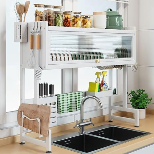 Yolispa Over The Sink Dish Drying Rack, Large Oversink Drainer Rack with Protective Cover, Carbon Steel Space-Saving Dish Rack, for Dishes, Glasses, Bowls, Plates Bowls Pots (White, 75x31x79.5cm)