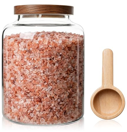 Akamino 2L Glass Bath Salts Jar with Wooden Scoop, Bath Salt Container with Lid, Large Bath Bomb Airtight Storage Canister, Bathroom Organizers and Bathroom Decor for Women