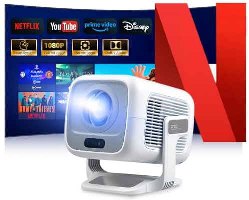 Beamer 4K [ Kompatibel mit Netflix | Dolby Audio] 700 ANSI Smart-Projektor für Heimkino, Full HD 1080P, Autofokus, vertikale Trapezkorrektur fürs Auto, Kurzdistanzprojektor (Weiß)