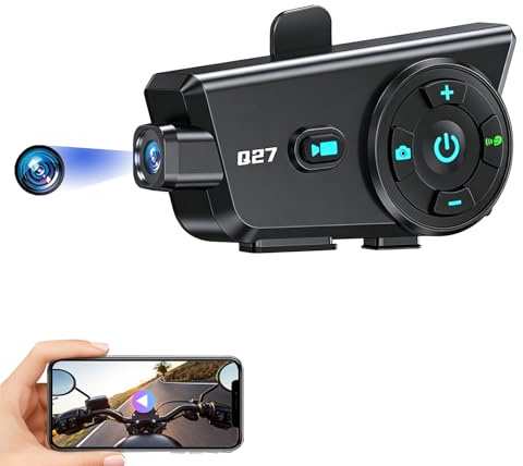 Motorcycle Helmet Bluetooth Headset Intercom with Dashcam, 720P HD Video Recording Motorbike Helmet Camera Intercom Hands-Free Speakers, IP56 Waterproof, 50H Playtime, Support Micro SD Card for Bikers