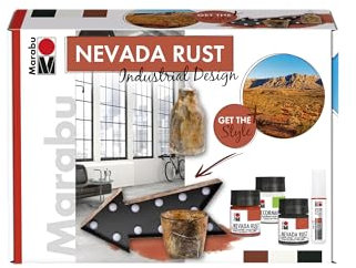 Marabu 1271000000080 - Acryl Rosteffektfarbe im Set, Nevada Rust Industrial Design, auf Wasserbasis, lichtecht, wetterfest, schnell trocknend, 3 x 50 ml Farbe, Liner, Schwamm und Pinsel
