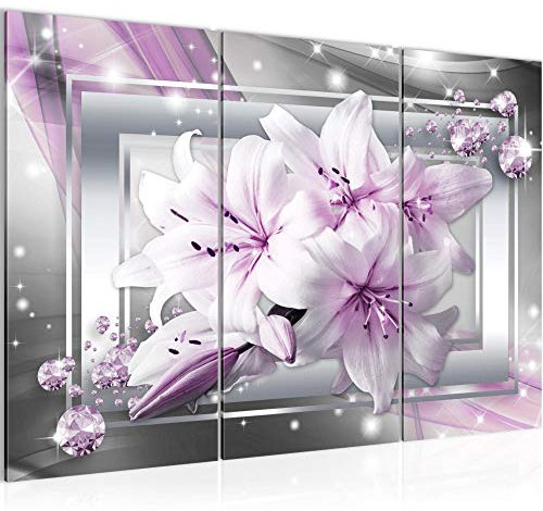 Runa Art Lis Fleurs Peinture Tableau Salon XXL Gris Rose Abstrait 120 x 80 cm 3 Parties Decoration Murale 021731b
