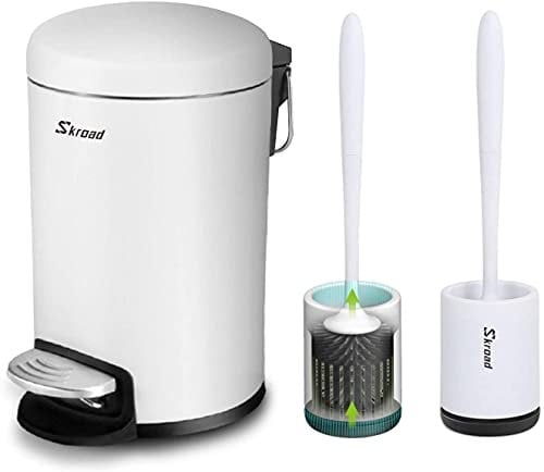 Skroad Round Step Trash Can with Silicone Toilet Brushes Set, Mini 3L Pedal Bins with Lids for Bathroom Toilet Bedroom Kitchen, White