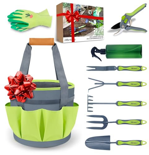 Hortem Gartengeräte - 9Stück Gartenwerkzeug Set Einschließlich Weeder, Gartenkelle, Handrechen, Handhacke, Strauchrechen, Grubber, Garten Handwerkzeuge mit für Männer Frauen