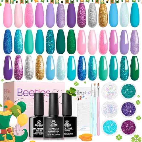 Beetles Mermaid Mantra 20 Colors Gel Nail Polish Set Soak off Pink Purple Blue Green Base Top Coat Brushes 6 Pcs Glitter Stickers Nails Gifts for Women