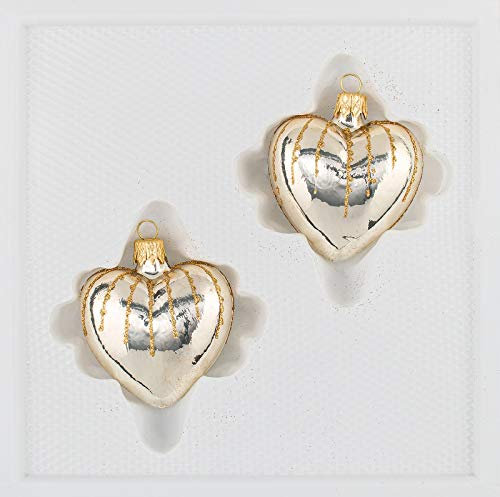 2 TLG. Glas-Herzen Set in 'Chrom Champagner Gold' Regen - Christbaumkugeln - Weihnachtsschmuck-Christbaumschmuck