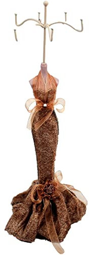 Portagioie a forma di manichino decorativo vintage, espositore originale per collane, orecchini, bracciali, ciondoli, estroso o decorativo, legno e tessuto, gancio in metallo, altezza circa 39 cm.
