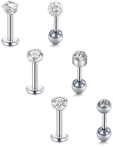 Briana Williams 6stk Lippenpiercing Labret Lippe Stecker Tragus Ohrringe Set 6mm 16G Helix Piercing Chirurgenstahl CZ Diamant
