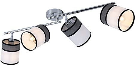 WOFI Design Deckenstrahler DAVIE Silber Chrom mit vier runden Lampenschirmen aus Stoff Weiß/Grau, Spots schwenkbar E14 Fassung