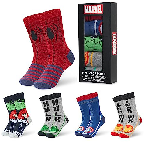 Marvel Calzini Uomo - 5 Paia Calze Uomo Supereroi Avengers Calze Lunghe in Cotone Elasticizzato Taglia Unica Idea Regalo Avengers Gadget (Multi, 40-45 EU)