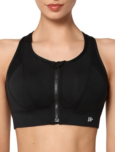 Yvette Starker Halt Sport BH Große Brüste mit Vorderverschluss Mesh Ringerrücken Ohne Bügel für Fitness Lauf, Schwarz,L Große Größen