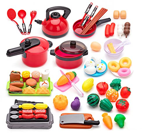 Utensilios de Cocina Accesorios Juguetes Niños con Comida para Cortar, Ollas y Sartenes, Juguete de rol de Chef Regalo de Cumpleaños para Niños y Niñas 3 4 5 6 Años