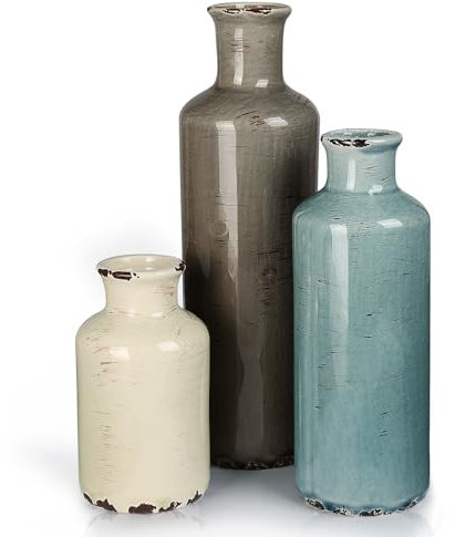 CUCUMI Ceramic Vase Set of 3, Rustic Coastal Farmhouse Decor for Shelves, Ocean Beach Style Small Flower Vases for Home Decor, Mantle, Fireplace, Table, Shelf Decorations for Living Room