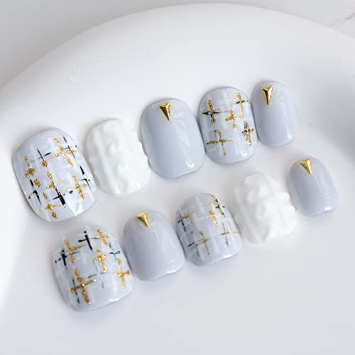Sun&Beam Nails Handmade Press-on Short Squoval Round Grey White Hand-Painted Minimalist Japanese Design Fashion False Nail Tips 10 Pcs Set (#046 M)