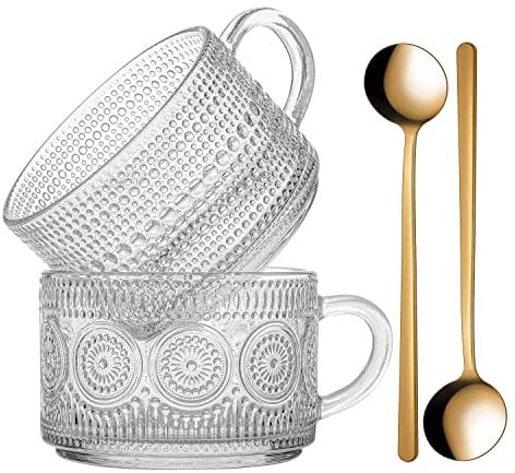 Vintage Coffee Mugs 14 Oz Set of 2 Glass Tea Cups with Spoons, Clear Embossed Drinking Glasses for Cappuccino, Latte, Cereal, Yogurt, Milk, Beverage