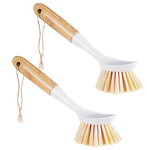 Paquete de 2 cepillos para platos de cocina con mango de bambú, rascador integrado, cepillo para fregar sartenes, ollas, encimera y fregadero de cocina, lavado y limpieza, herramientas de limpieza