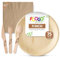 FOOGO Green 375pc Disposable Dinnerware Set, Wooden Cutlery and Brown Napkins, FSC Certified, Eco Biodegradable - Includes 75 Forks, Knives, Spoons and Plates