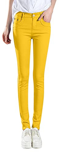OBiQuzz Pantalones Vaqueros Skinny Mujer, Cintura Alta, Elsticos, Ajustados, Rectos, Amarillo, Talla M