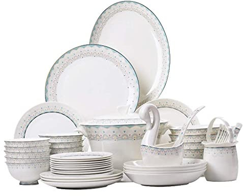 Service de Vaisselle en céramique avec 50 pièces/Bol/Pot à Soupe/cuillère | Vaisselle en Porcelaine Tendre, Ensemble de Combinaison en Porcelaine à Motif Bleu Paon
