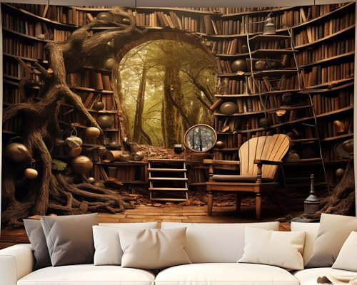 QGHOT Bücherregal-Wandteppich, Märchenwald, akademischer Wandbehang, großes Buchhaus, Hexe, Hogwarts, Wandteppiche für Schlafzimmer, Wohnzimmer, Heimdekoration (152,4 x 127 cm)