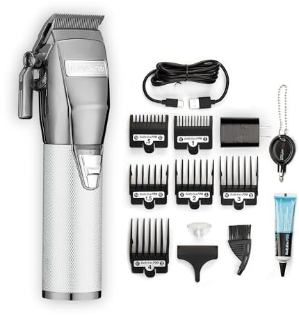 BaBylissPRO SILVERX+ Professional Barber Cord/Cordless Hair Clippers for Men, All Metal, Lithium Battery with 3-Hour Runtime, Silver