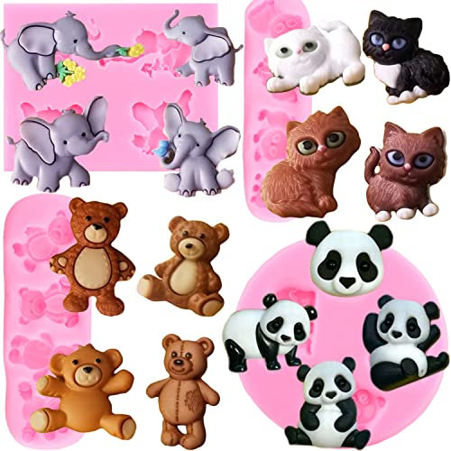 RFGHAC Juego de 4 moldes de silicona para fondant con diseño de oso panda, elefante, gato, para azúcar, cupcakes, decoración de pasteles, caramelos, chocolate, goma de mascar, arcilla polimérica