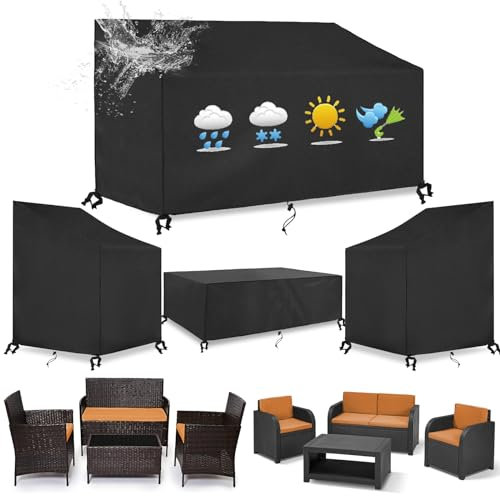 Patio Furniture Covers, 4-Piece Outdoor Garden Furniture Covers Set 420D Heavy Duty Oxford Fabric Garden Table Cover with 4 Windproof Buckles and 2 Drawstrings for Garden Table & Chairs
