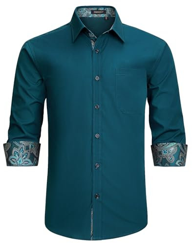 HISDERN Mens Dress Shirt Long Sleeve Button Down Stretch Smart Shirt for Men Adult Regular Fit Designer Formal Business Wedding Non Iron with Pockets,Teal-2,L