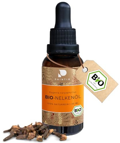 PHINTIN Nelkenöl BIO | 100% NATURREIN | Lebensmittelqualität | Zum Einnehmen | Echtes Gewürznelkenöl | Ätherisches Nelken Öl für Zahn- und Mundpflege | Duftöl Clove Oil