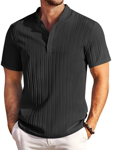 COOFANDY Men's Casual Henley Shirt Short Sleeve Band Collar Summer Beach Textured Shirts Black XXL