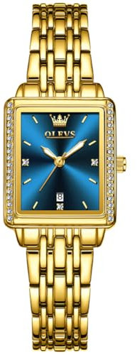 OLEVS Damenuhren, kleines Zifferblatt, quadratische Uhren für Frauen, luxuriöse goldfarbene Damen-Armbanduhr, elegante Diamant-Edelstahl-Damen-Kleideruhr, A1-blaues Zifferblatt/goldfarbenes Band