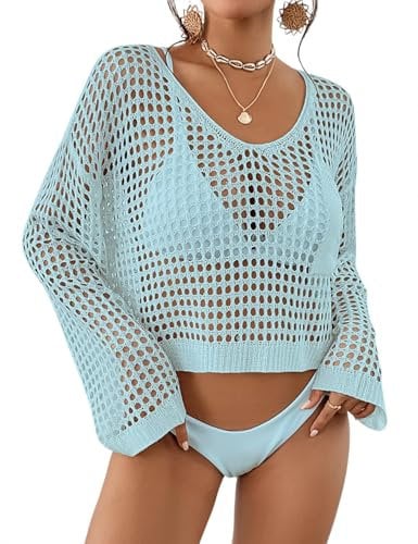 Bsubseach Womens Crochet Crop Top Beach Swimsuit Cover Up Long Sleeve Hollow Out Bathing Suit Cover Ups Summer Outfits Light Blue
