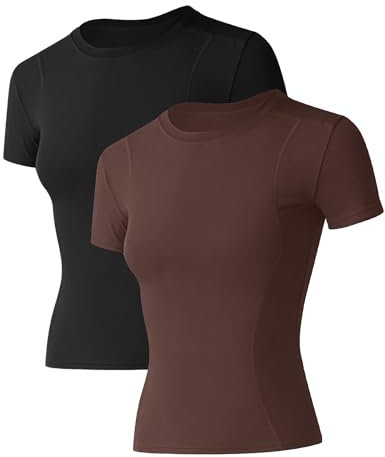 IECCP T-shirt de sport pour femme, à manches courtes, col rond, respirant, athlétique, course à pied, gym, yoga, fitness, taille XS à XL, B-noir, marron foncé, S