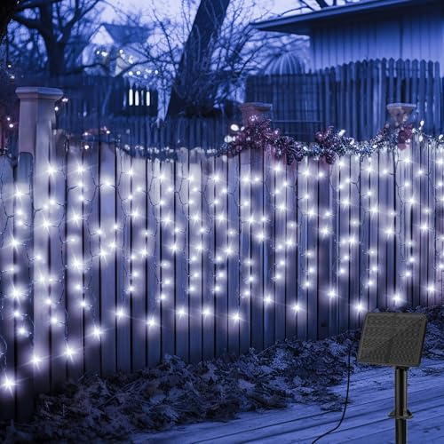 Gcstnn Solar Fence Fairy Lights Outdoor, 4Mx1M 200 LEDs Solar Curtain Icicle String Lights Green Wire, 8 Modes IP65 Waterproof, for Garden Patio Gazebo Fence Window Christmas Decoration-Cool White