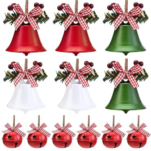 JTgugu 12 Campanas de Hierro para Colgar - Adornos de Navidad para Árbol, Decoración Navideña (Rojo, Blanco y)