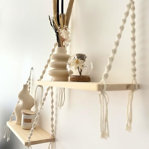 Mekase 2er Makramee-Wandregal Boho Regal Wand – Wandregal Holz Boho Style, Hängeregal Holz Seil, Regal zum Aufhängen für Pflanzen & Deko, Wohnzimmer, Schlafzimmer, Bad