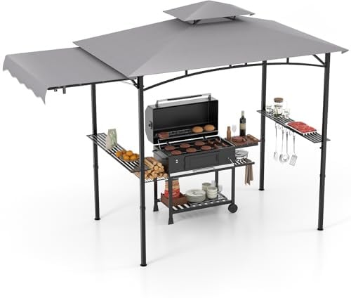 RELAX4LIFE Gazebo da Barbecue Impermeabile 3x1,5m,Doppio Tetto Ventilato,Ripiani, Ganci e Apribottiglie, Struttura in Acciaio Antiruggine, Copertura UV 100% (GRIGIO)
