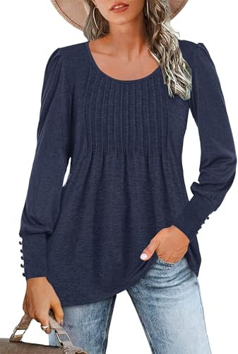 WNEEDU Langarmshirt Damen Rundhals Locker Bluse Plissee Oberteile Tunika Tshirt Lässige Tops mit Puffärmel Elegant Tuniken (Azul Marino,XL)