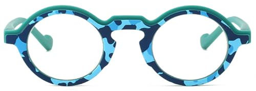 KOOSUFA Mode Runde Lesebrille Damen Herren Federscharnier Camouflage Rahmen Bunte lesebrillen Lesehilfen Anti Müdigkeit Brille Grün, 3.0