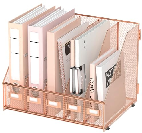 SUPEASY Schreibtisch-Organizer aus Metall, Zeitschriftenhalter mit 5 vertikalen Fächern, Organizer für Büro, Schreibtisch, Heimarbeitsplatz, Roségold, Plus