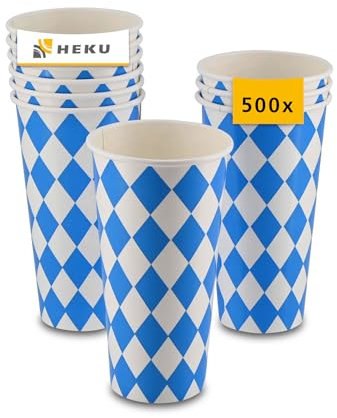 Heku Oktoberfest Deko Pappbecher 500 Stück 0,5l - Trinkbecher bayrische Deko einfaches Aufräumen - Einwegbecher Deko Oktoberfest Party recycelbar