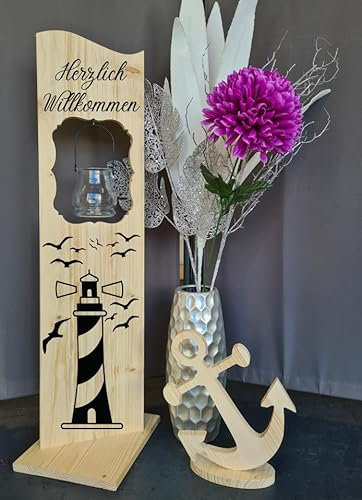 Holzaufsteller, Holz Deko Schild Holzschild Eingangsschild Leuchtturm mit Windlicht aus Glas, Geschenk, Weihnachten, Geburtstag